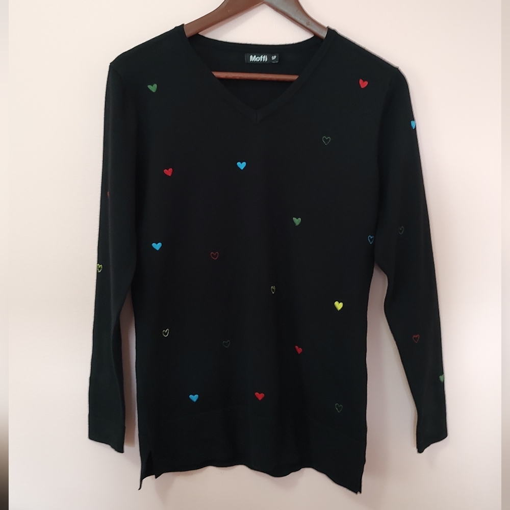 Offi Black V-Neck Sweater with Multicolor Heart Motif